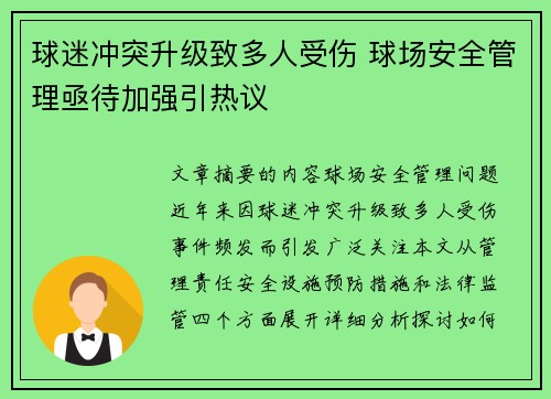 球迷冲突升级致多人受伤 球场安全管理亟待加强引热议